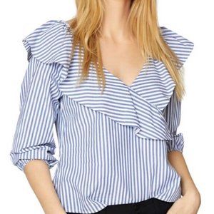 Sanctuary Sz L Top Vertical Stripe Ruffled Faux Wrap 3/4 Sleeve